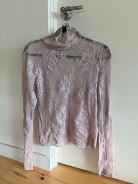 Free People Pale Pink Floral Lace Long-Sleeve Mock Neck Top